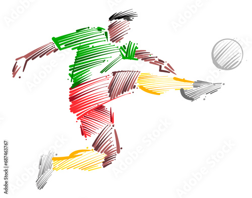 Drawing of man soccer player dominating the ball made from sketch-style brush strokes