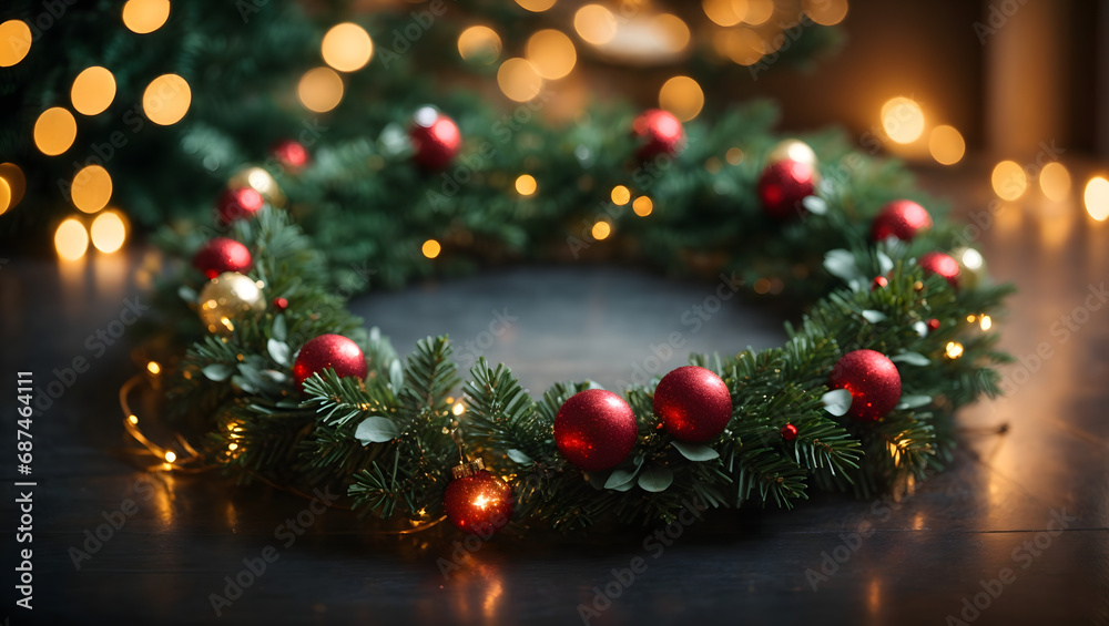 An abstract background showcasing a Christmas wreath adorned with twinkling bokeh lights, adding a touch of magic and warmth to the holiday season.