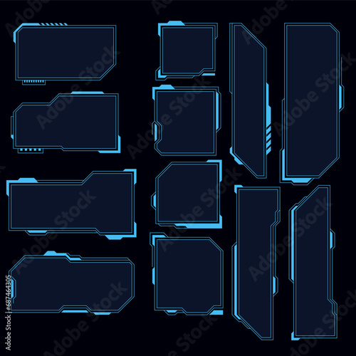 Hud frames. Futuristic modern user interface elements, hud control panel. High tech screen digital hologram window, gaming menu vector touching cyber monitoring set.