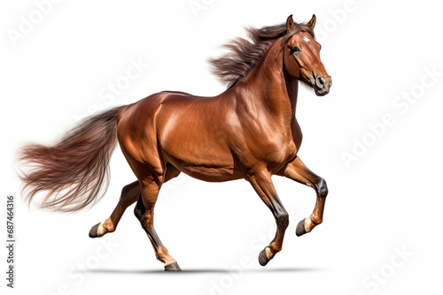 side view a brown horse gallops isolated on a white background