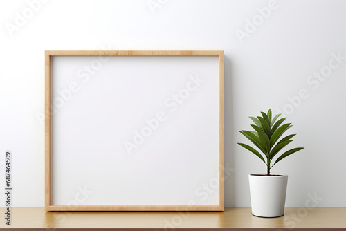 blank frame picture on a wall with plant. mock up frame 