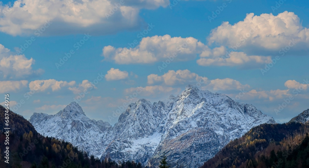 Banner travel with  mountain view of alpine as snow-capped mount peaks in Winter mountains scene
