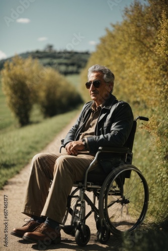 An elderly happy smiling disabled man wearing sunglasses is sitting in a wheelchair in nature.