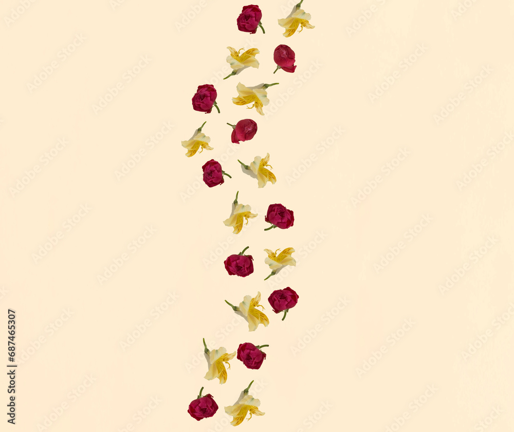 Colorful isolated beautiful fresh flowers in the middle against the pastel peach colored background. Minimal concept of love, friendship. Flat lay. Floral pattern. Copy space. Colorful isolated beautiful fresh flowers in the middle against the pastel peach colored background. Minimal concept of love, friendship. Flat lay. Floral pattern. Copy space.