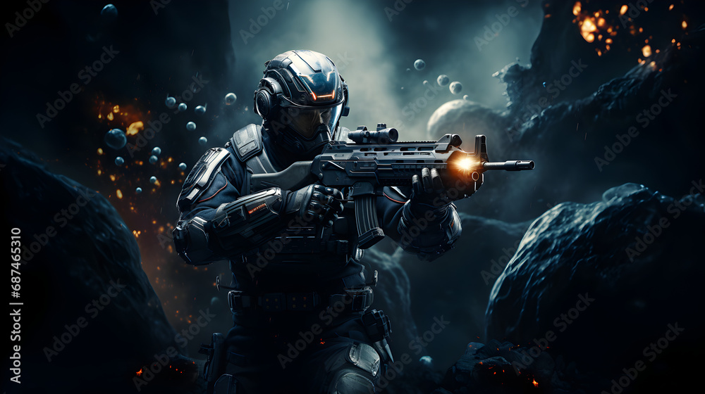 Futuristic Soldiers with Sci-Fi Weapon in Hands Ready for the Battle, Space War Concept