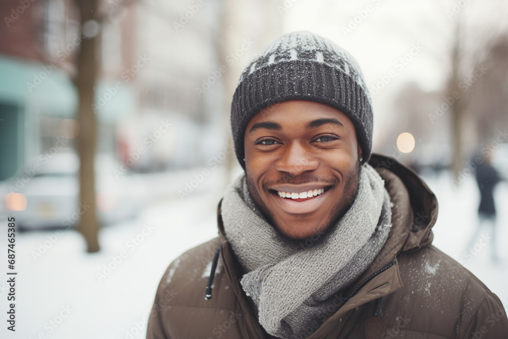 A joyful black man, wrapped in a warm winter hat and scarf, beams with a bright smile against a snowy forest backdrop, embodying the wintry spirit. Generative AI. A joyful black man, wrapped in a warm winter hat and scarf, beams with a bright smile against a snowy forest backdrop, embodying the wintry spirit. Generative AI.