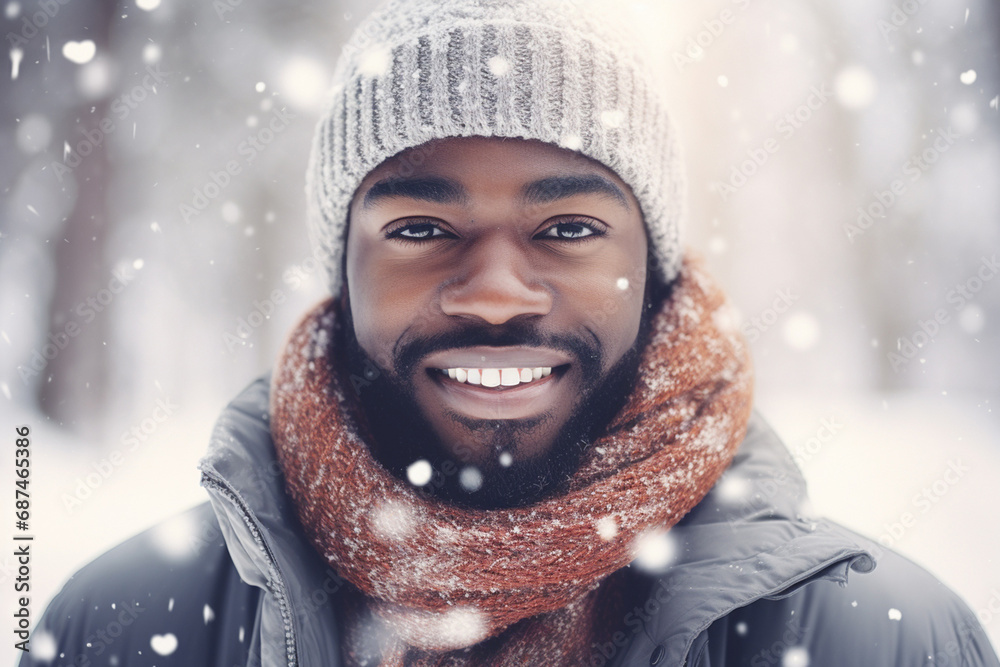 A joyful black man, wrapped in a warm winter hat and scarf, beams with a bright smile against a snowy forest backdrop, embodying the wintry spirit. Generative AI. A joyful black man, wrapped in a warm winter hat and scarf, beams with a bright smile against a snowy forest backdrop, embodying the wintry spirit. Generative AI.