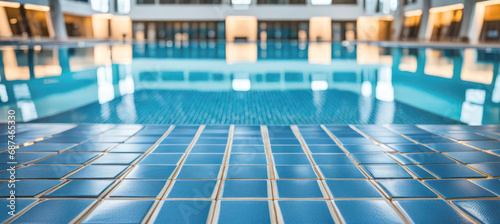 Pool edge with copy space and pool behind photo