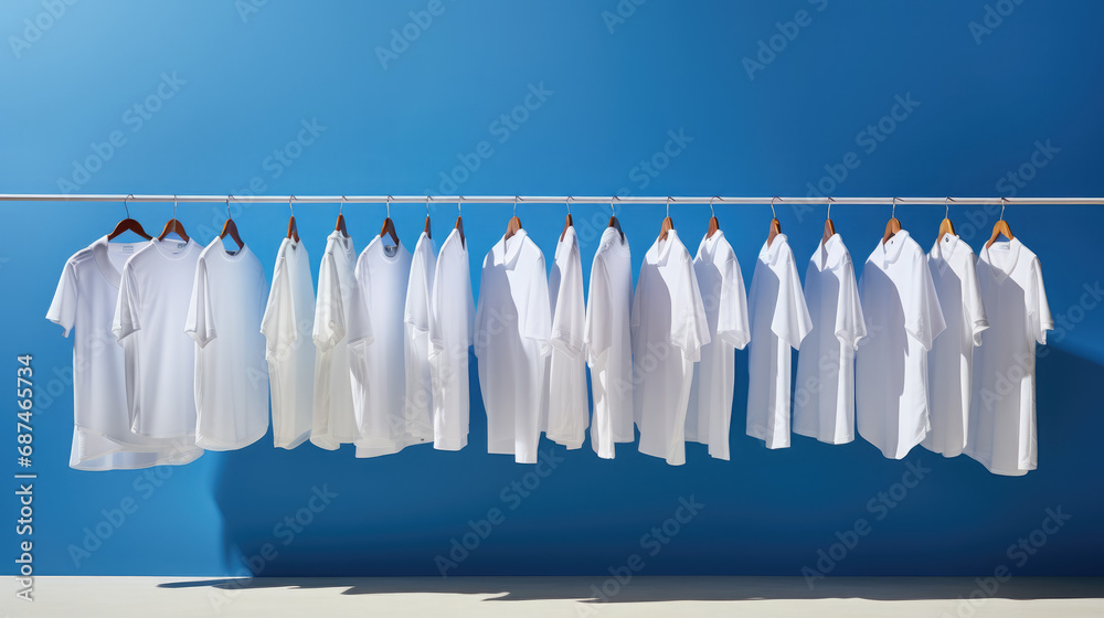 clean white clothes hanging on a hanger, clothing store, laundry, dry cleaning, shirt, cotton, blue background, style, fashion, showcase, sewing workshop, design, light industry clean white clothes hanging on a hanger, clothing store, laundry, dry cleaning, shirt, cotton, blue background, style, fashion, showcase, sewing workshop, design, light industry