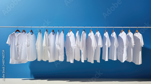 clean white clothes hanging on a hanger  clothing store  laundry  dry cleaning  shirt  cotton  blue background  style  fashion  showcase  sewing workshop  design  light industry