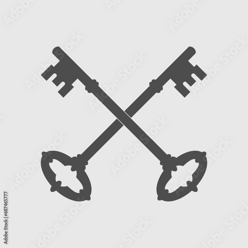 Two crossed keys graphic icon. Ancient keys isolated sign on white background. Vintage symbol for design. Vector illustration