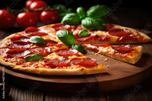 closeup food photography of a perfect salami pizza