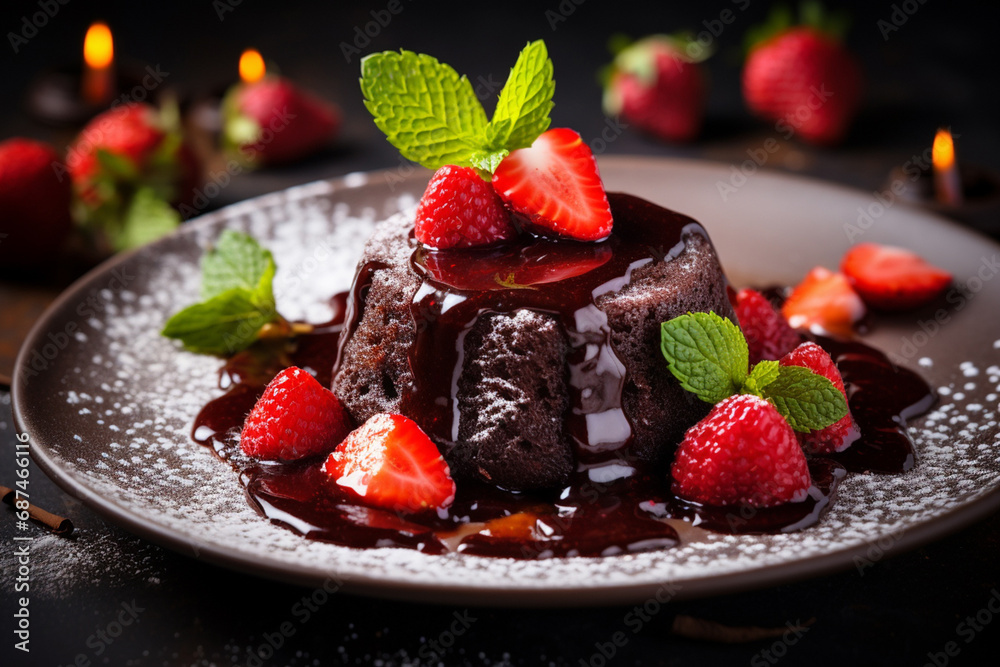 A delectable chocolate lava cake, elegantly presented on a restaurant plate, adorned with delectable toppings and sprinkles. Generative AI. A delectable chocolate lava cake, elegantly presented on a restaurant plate, adorned with delectable toppings and sprinkles. Generative AI.