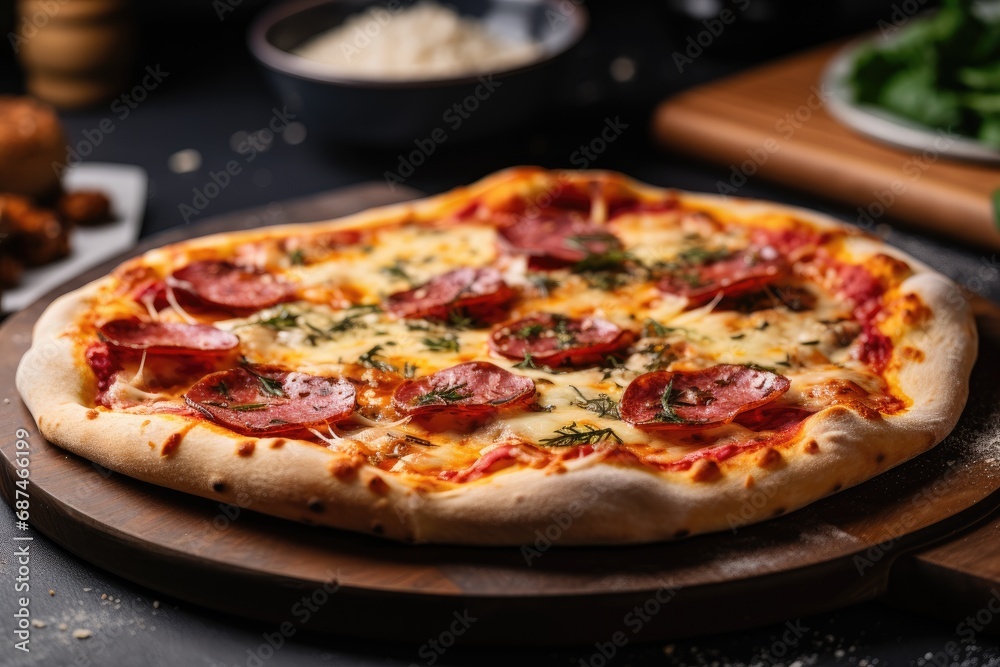 closeup food photography of a perfect salami pizza