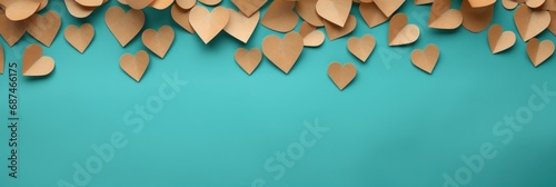 Hearts made of brown kraft paper on a turquoise background, Valentine's Day card background, space for text