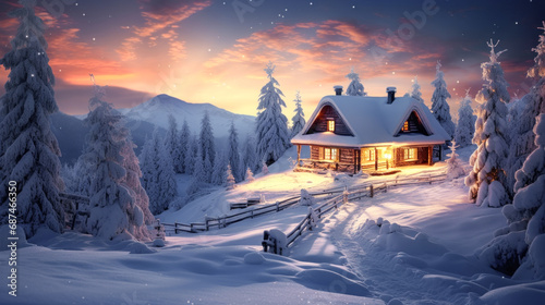 Magical Winter Wonderland in the Mountains Snowfall Christmas Time and Advent in the Evening and in the Morning Calm and Bright Wallpaper Background Cover Poster Greetings Card Digital Art © Korea Saii