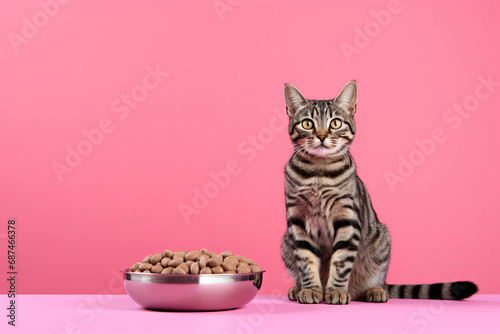 tabby cat with a bowl of food on pink background photo