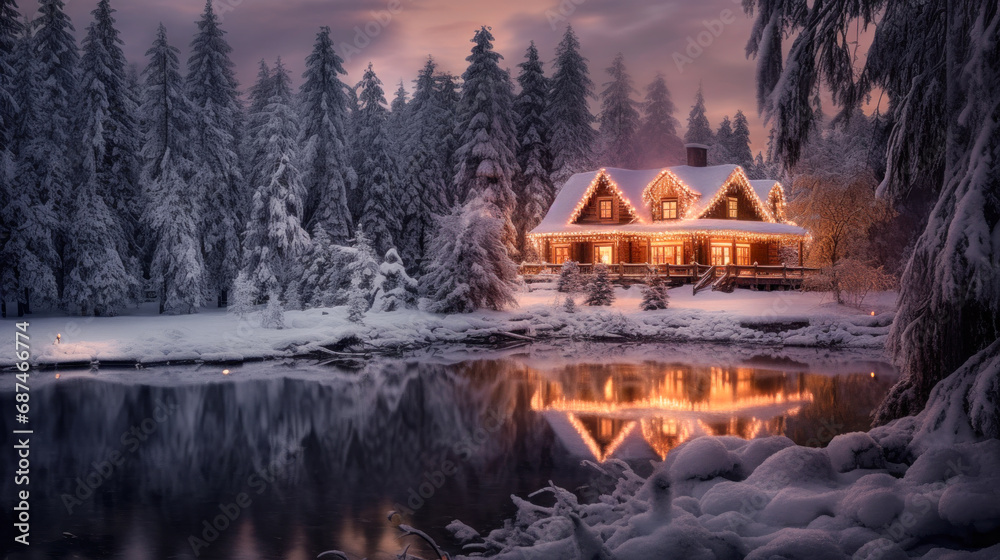 Fototapeta premium Magical Winter Wonderland in the Mountains Snowfall Christmas Time and Advent in the Evening and in the Morning Calm and Bright Wallpaper Background Cover Poster Greetings Card Digital Art
