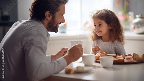 Handsome father with his little cute girl are having breakfast on kitchen. Happy Father's Day. photo