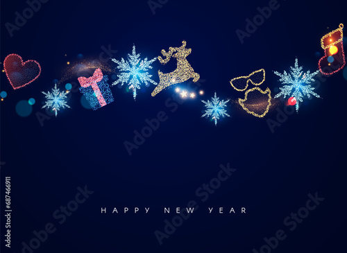 Merry Christmas and Happy New Year! Shining Christmas elements with bokeh effect. Christmas lights. Deet, snowflake, gift box, Santa Claus beard.