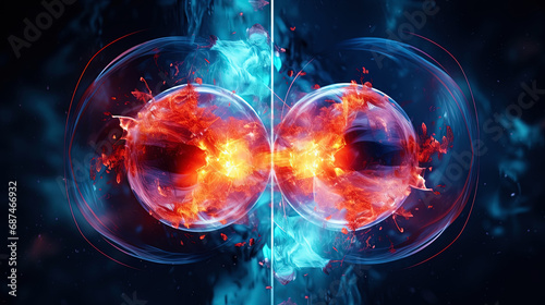 Subatomic proton particle collision. Nuclear fusion concept. Generative AI photo