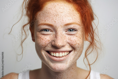 A captivating portrait of a young and beautiful woman with vibrant red hair and natural freckles, exuding charisma as she gazes into the camera. Generative AI. photo