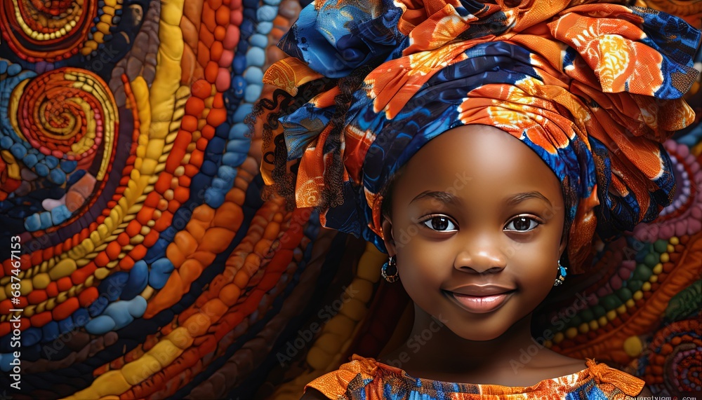 African young girl wearing flower print fabric head wrap, tribal design kid fashion vibe, Generative Ai