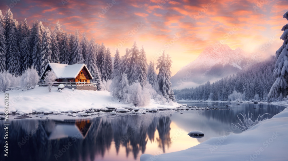 Magical Winter Wonderland in the Mountains Snowfall Christmas Time and Advent in the Evening and in the Morning Calm and Bright Wallpaper Background Cover Poster Greetings Card Digital Art
