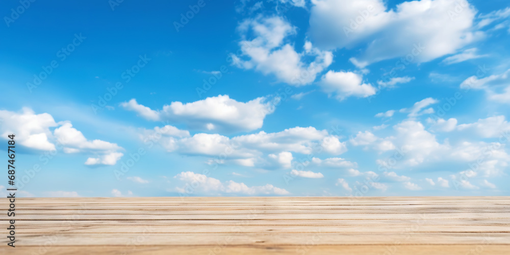 Wood table mockup with blue cloudy sky background. Empty copy space for product presentation. Generative AI Wood table mockup with blue cloudy sky background. Empty copy space for product presentation. Generative AI