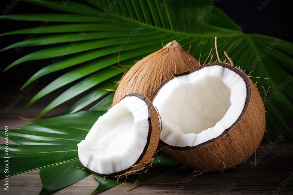 open coconuts with palm leaves on white background open coconuts with palm leaves on white background