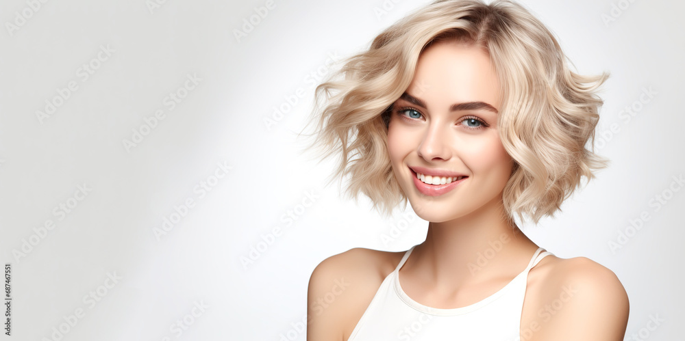 Naklejka premium Portrait of young happy woman with blond bob hairstyle. Skin care beauty, skincare cosmetics, dental concept, isolated over white background.