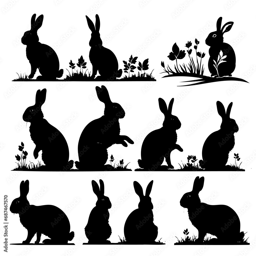 Various silhouettes easter bunnies isolated on white background. Set different rabbit silhouettes for design use.