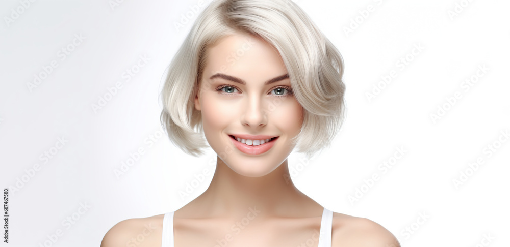 Portrait of young happy woman with blond bob hairstyle. Skin care beauty, skincare cosmetics, dental concept, isolated over white background. Portrait of young happy woman with blond bob hairstyle. Skin care beauty, skincare cosmetics, dental concept, isolated over white background.