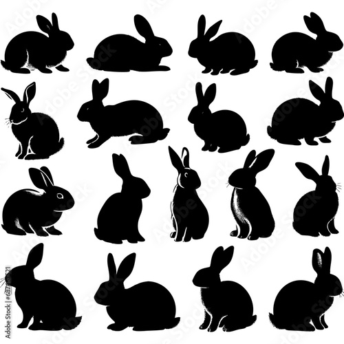 Isolated rabbit on white background, set of different rabbit silhouettes for design use.
