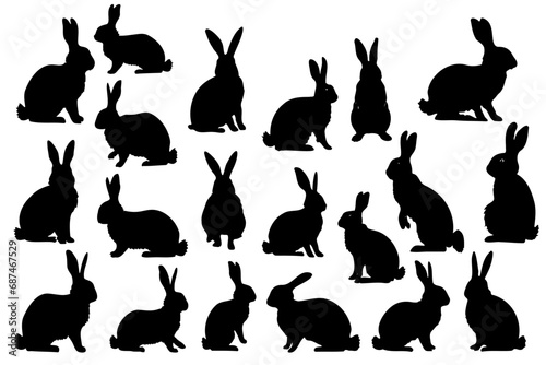 Various silhouettes easter bunnies isolated on white background. Set different rabbit silhouettes for design use. photo