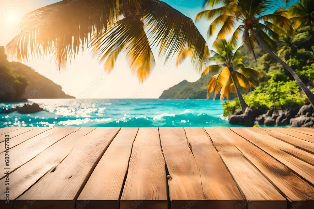 wooden table top with the blurred tropical beach landscape for display or montage your products. al generative--