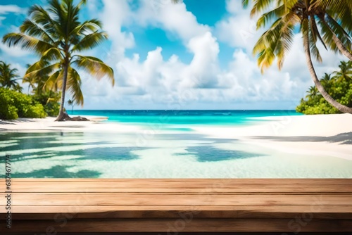wooden table top with the blurred tropical beach landscape for display or montage your products. al generative--