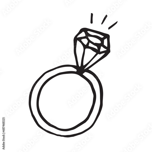 Vector  simple minimalistic doodle line art of black and white ring with shining brilliant round ring,accessorize concept logotype