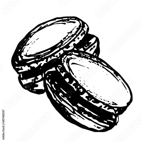 Simple balck and white doodle illustration of fench macaroons.Dessert delicious, tasty confectionary