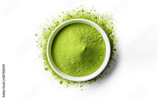 tea matcha powder in white cup, top view, isolated on white background