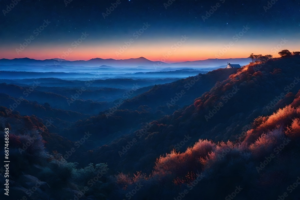 dreamlike gradient sky at night time with nature landscape, idea for background wallpaper, generative al