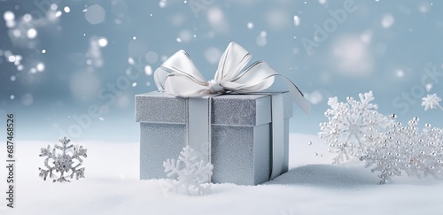 silver gift box with snowflake decoration on snow ground while snow fall, Generative Ai © QuietWord