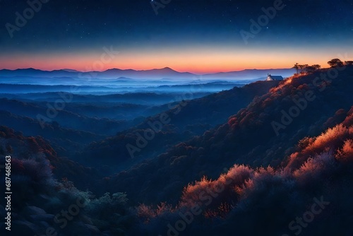 dreamlike gradient sky at night time with nature landscape, idea for background wallpaper, generative al