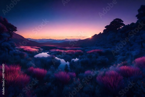 **dreamlike gradient sky at night time with nature landscape, idea for background wallpaper, generative al