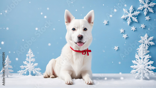 White Dog with Red Bow Poses in Snowy Landscape