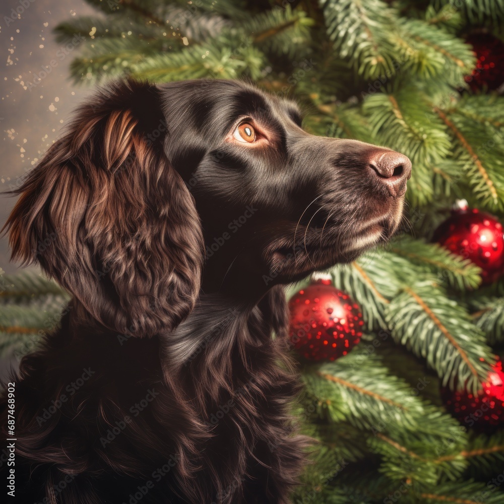 brown dog with christmas tree