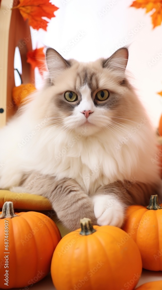 ragdoll cat posing with pumpkins for halloween ragdoll cat posing with pumpkins for halloween
