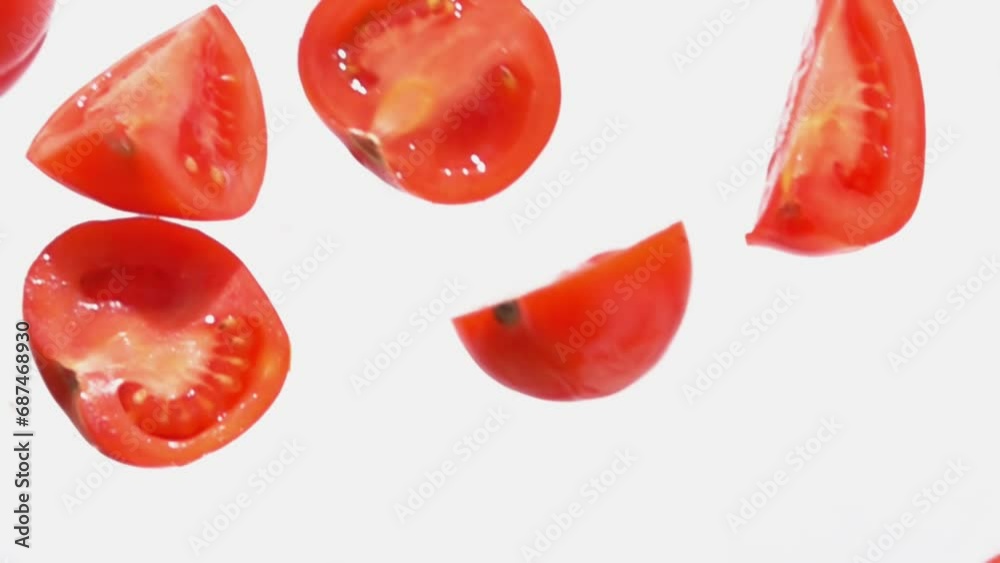Delicious small red cut tomato slices fall diagonally on a white background