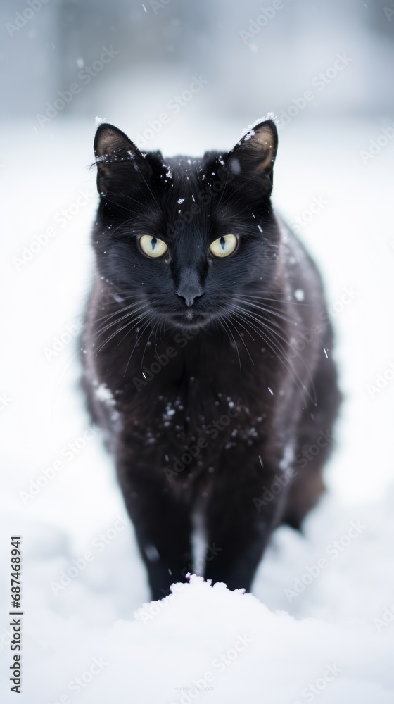 sleek black cat in the winter snow looking cute and cold sleek black cat in the winter snow looking cute and cold