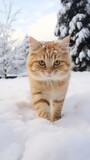 cat strolling in the winter snow looking cute and cold